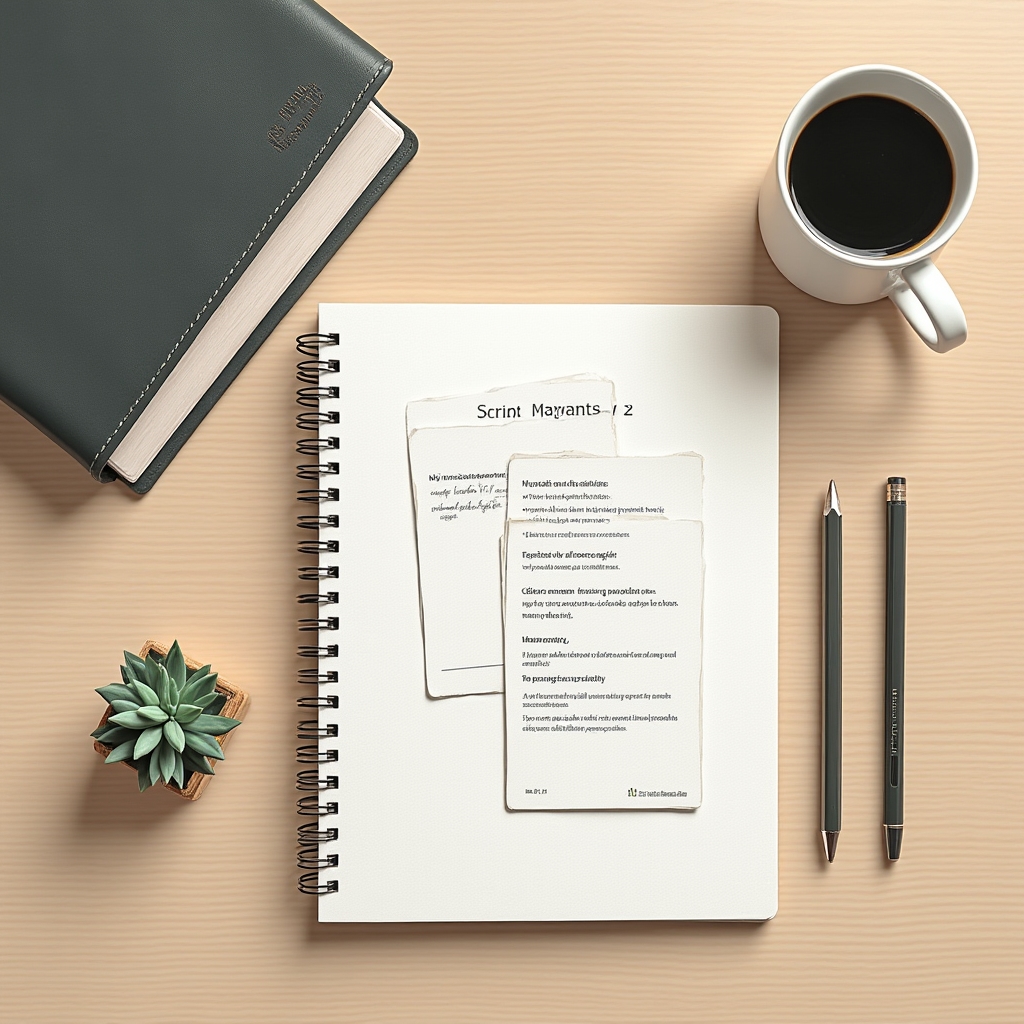 Course materials spread on a desk including printed script cards and a notebook