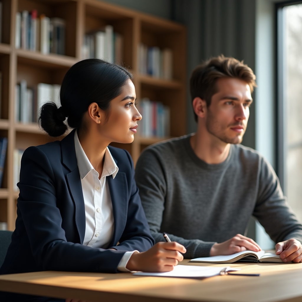 Two colleagues having a constructive feedback conversation at a desk