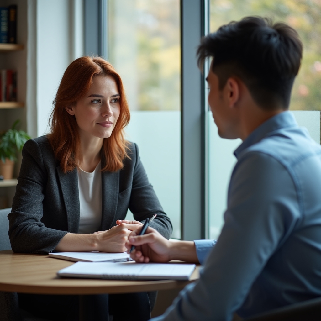 Manager and employee in a one-on-one meeting with open body language and notebooks