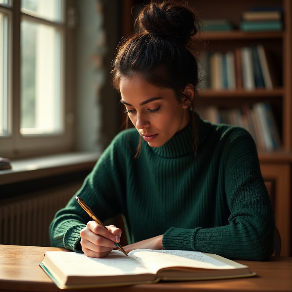 Professional sitting by a window, thoughtfully reviewing notes in a quiet office setting
