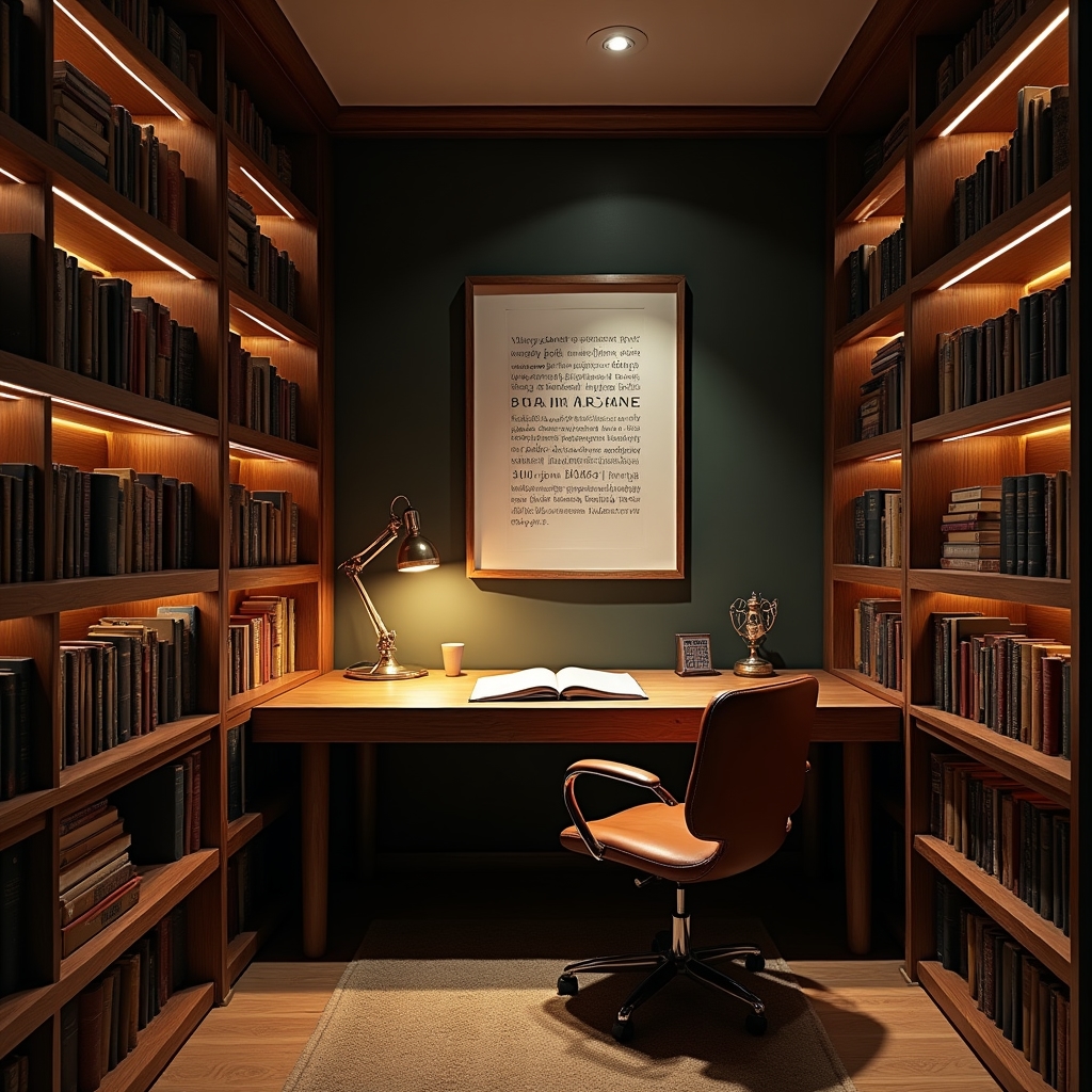 Interior workspace with bookshelves and a study desk in the Barnes office