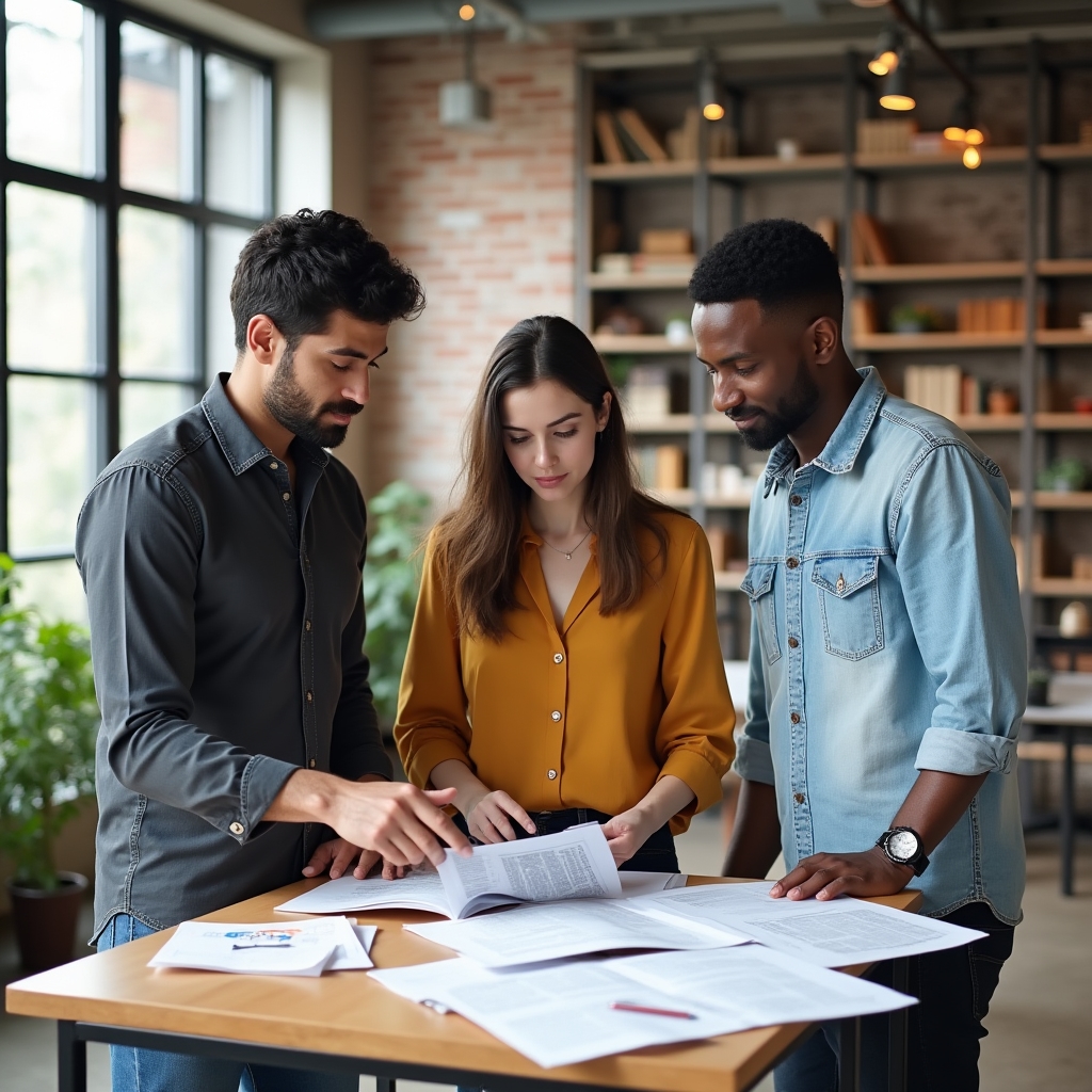 Three colleagues in an open office having a relaxed discussion at a standing desk